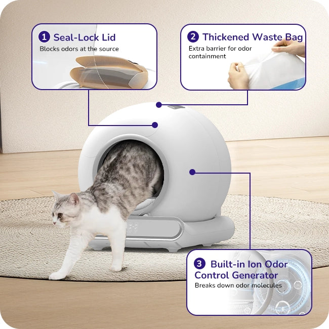 A cat entering a modern litter box showing seal‑lock lid, thickened waste bag, and built‑in ion odor control features