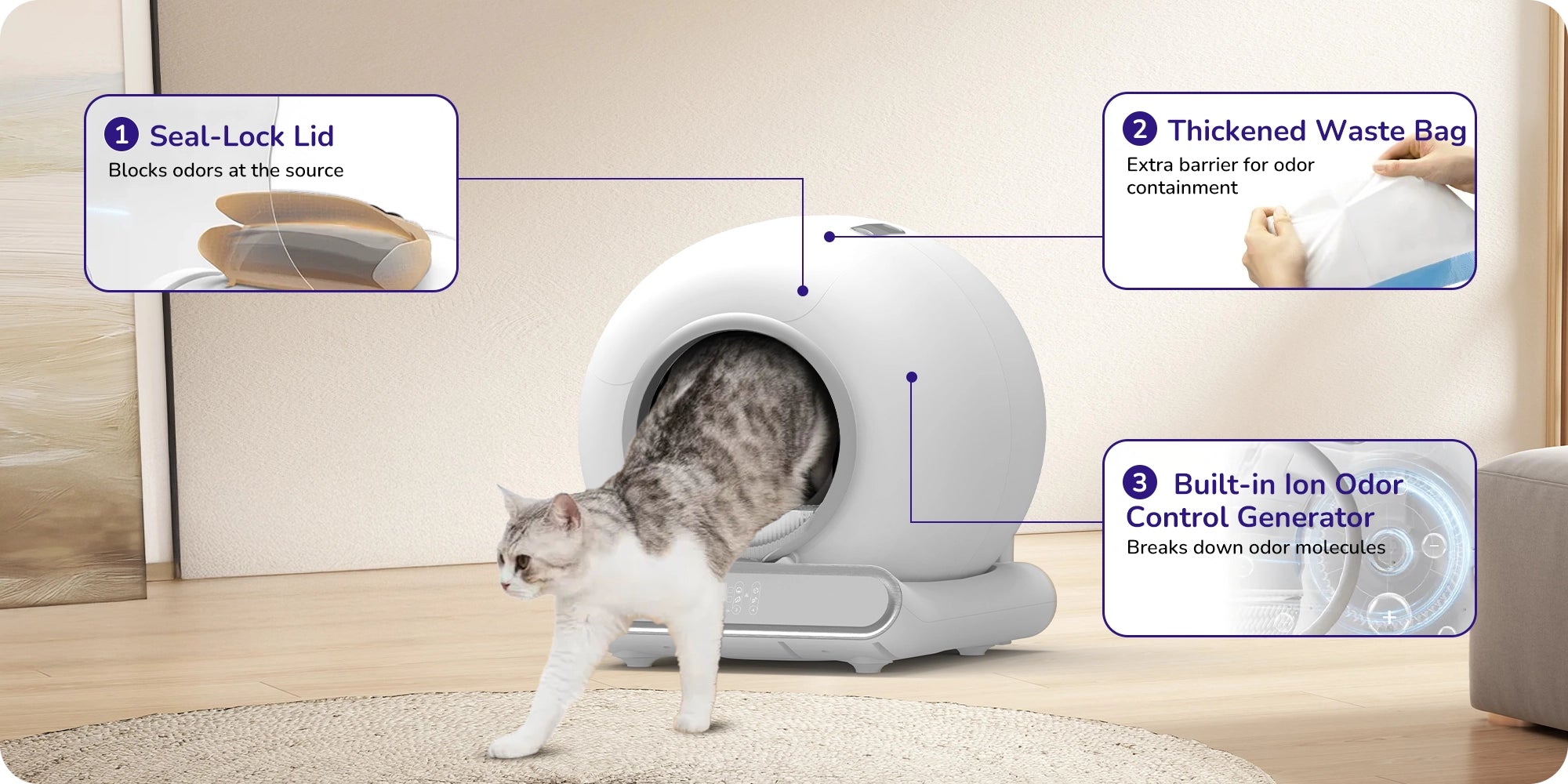 A cat exits a modern litter box with a seal-lock lid, thick waste bag, and built-in ion odour control features.