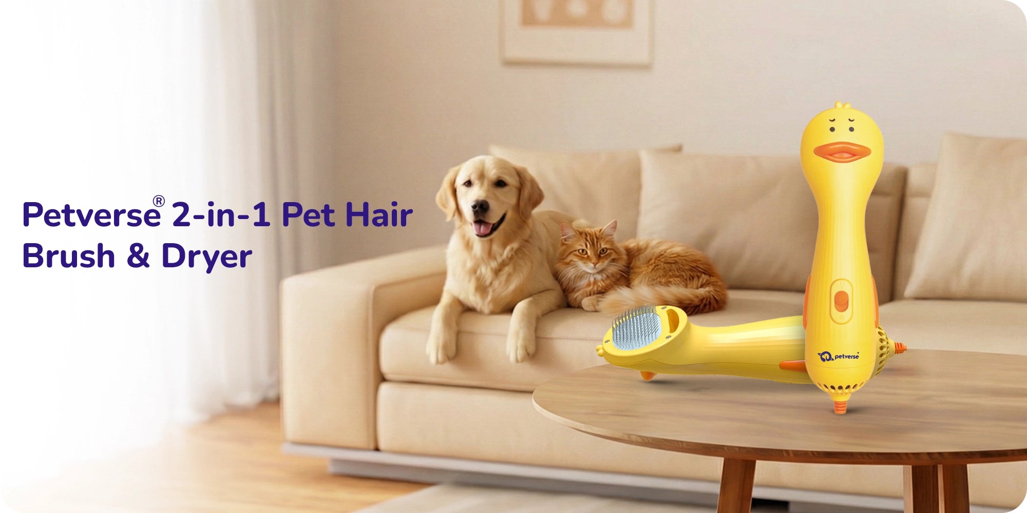 Yellow 2‑in‑1 pet brush and dryer with dog and cat on sofa.