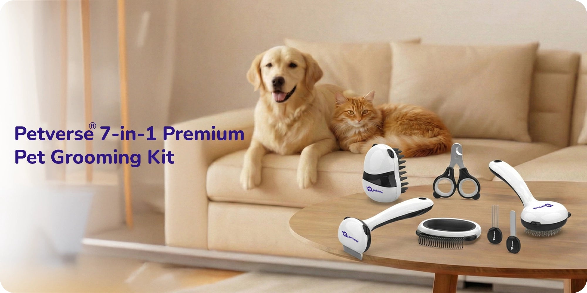 Petverse 7‑in‑1 premium pet grooming kit with brushes, scissors, and tools shown with dog and cat.