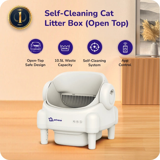 Petverse open‑top automatic self‑cleaning cat litter box with icons for open‑top design, 10.5 L waste capacity, self‑cleaning system, and app control.