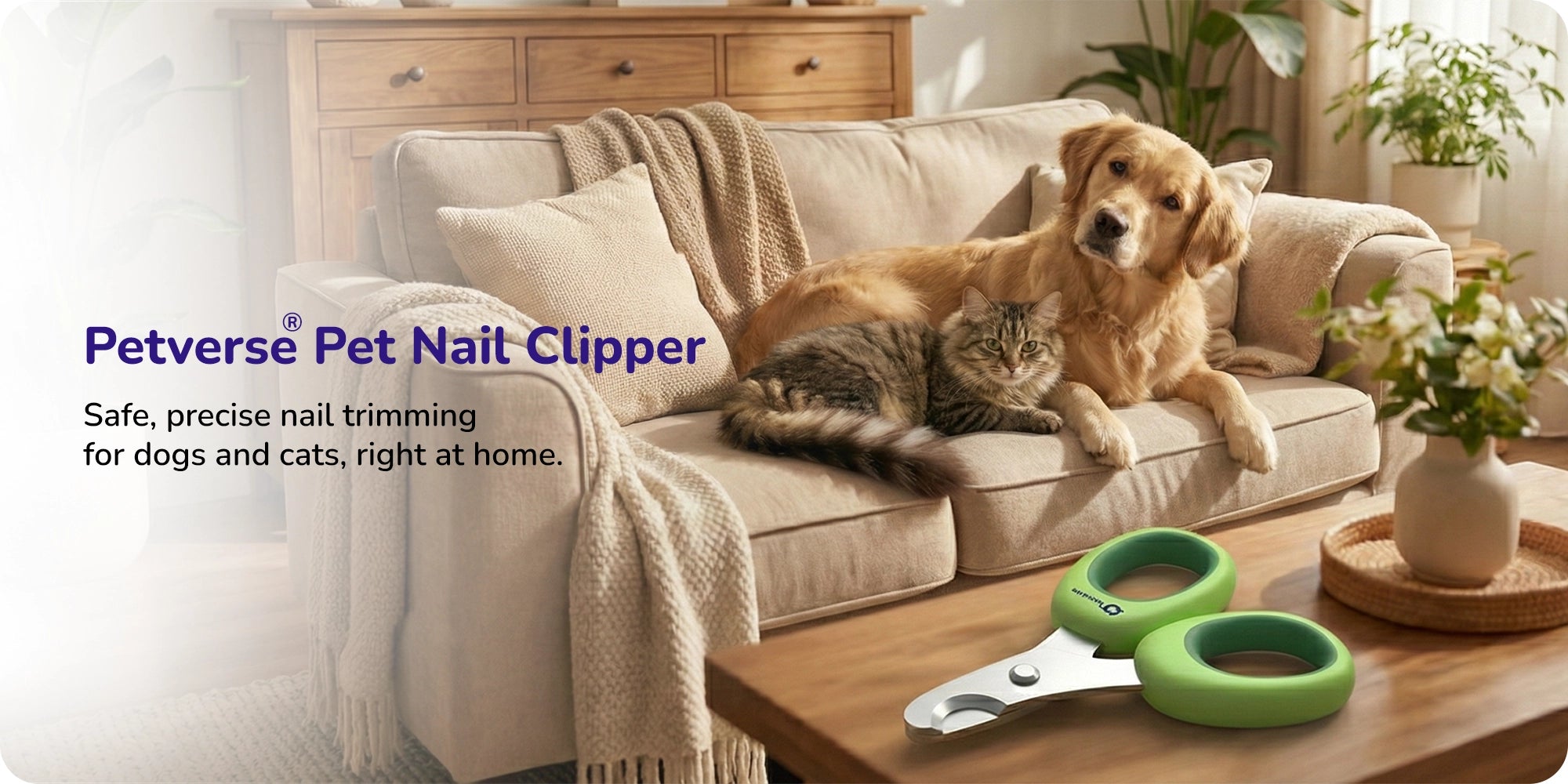 Petverse pet nail clippers on a table with a dog and cat lounging on a couch promoting safe precise at‑home grooming
