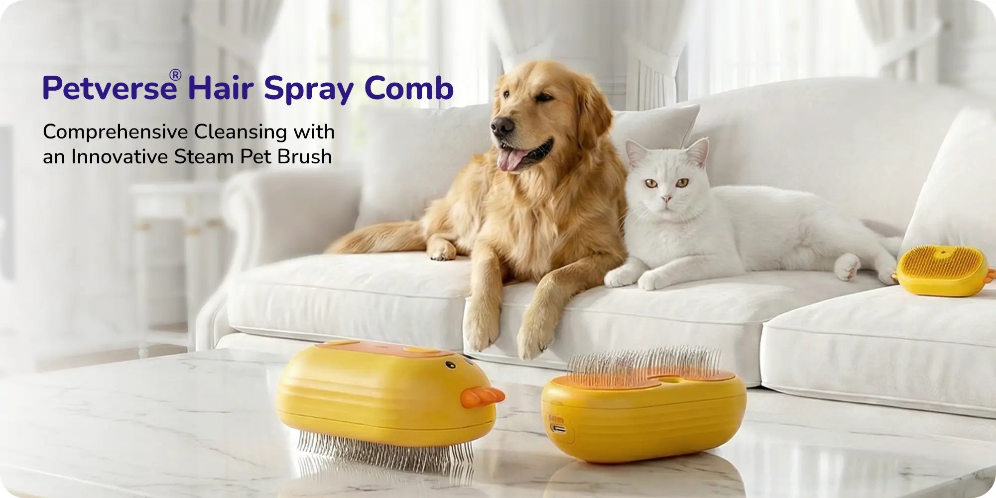 Hair Spray Comb product image showing a golden retriever and white cat on a sofa with two yellow pet grooming brushes