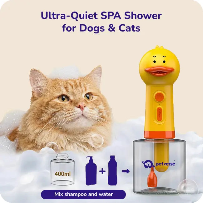 Ultra‑quiet duck‑shaped pet shower sprayer with shampoo mix shown beside relaxed cat for gentle dog and cat bathing