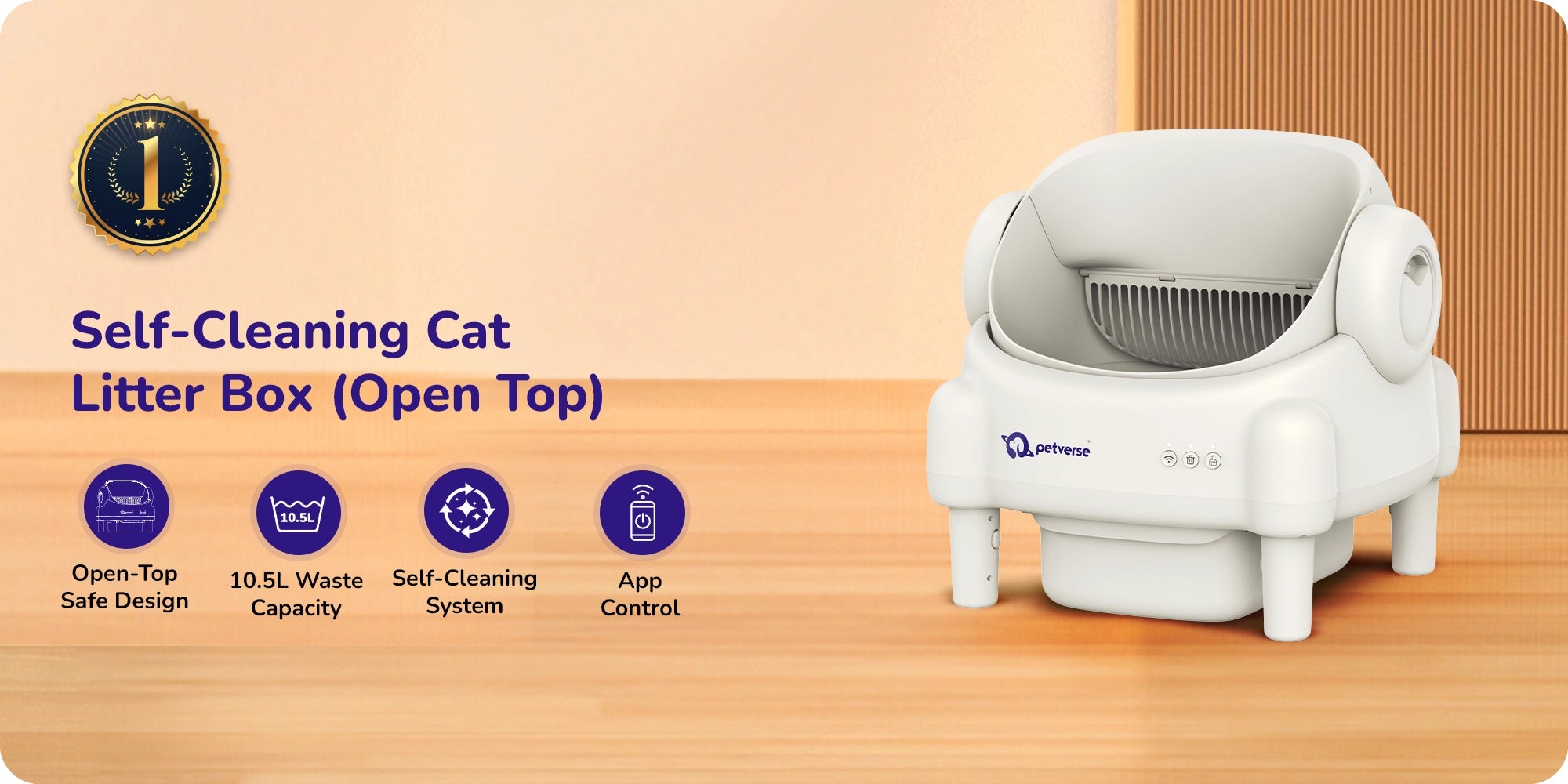 Petverse open‑top automatic self‑cleaning cat litter box with icons for open‑top design, 10.5 L waste capacity, self‑cleaning system, and app control.