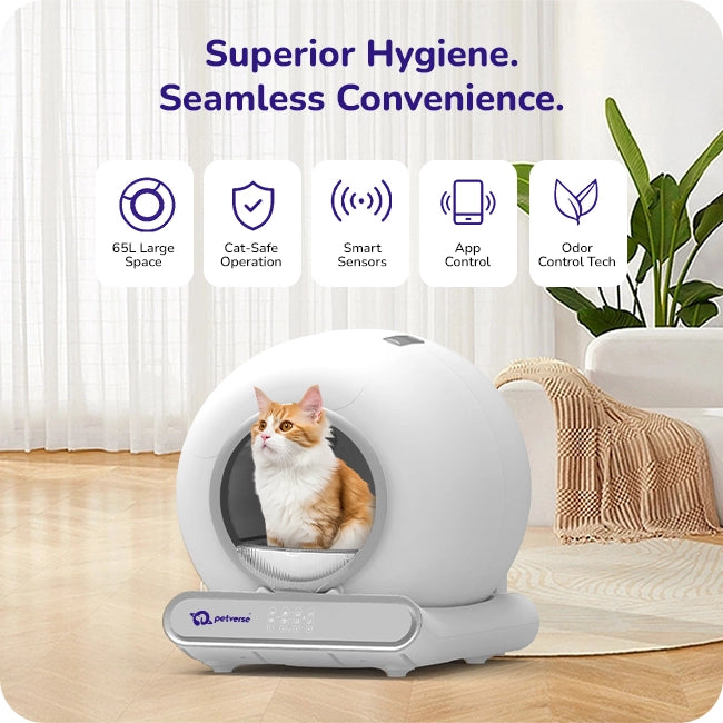 A modern automatic cat litter box with a cat inside, product features icons and the text ‘Superior Hygiene. Seamless Convenience.’