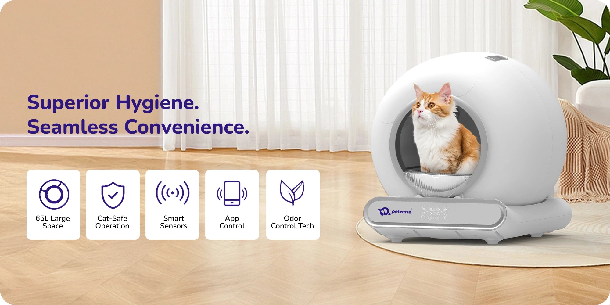 Modern automatic cat litter box with a cat inside, product features icons and the text ‘Superior Hygiene. Seamless Convenience.’