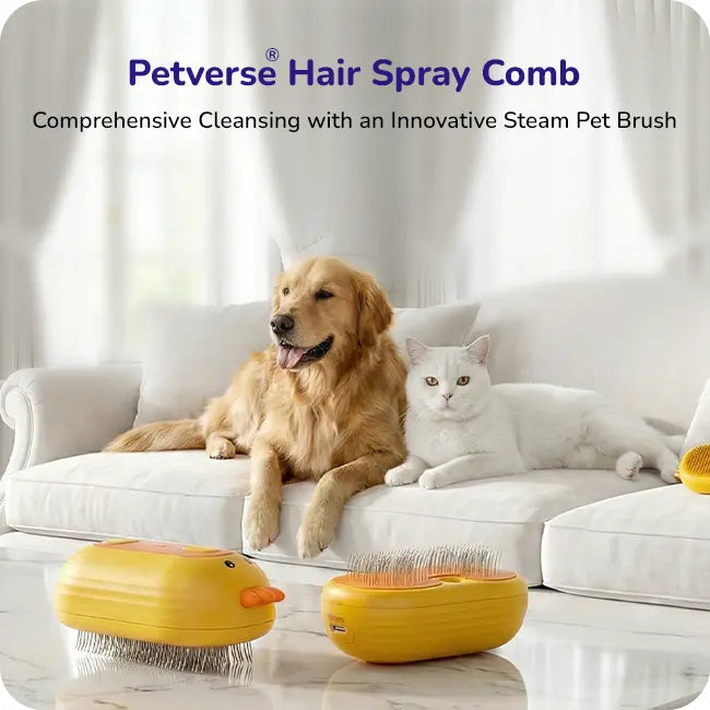 golden retriever and white cat on a sofa with two yellow pet grooming brushes .
