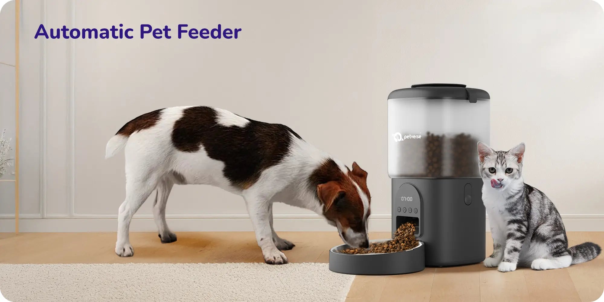 Automatic Pet Feeder with a dog eating kibble from the dispenser and a cat sitting next to it.