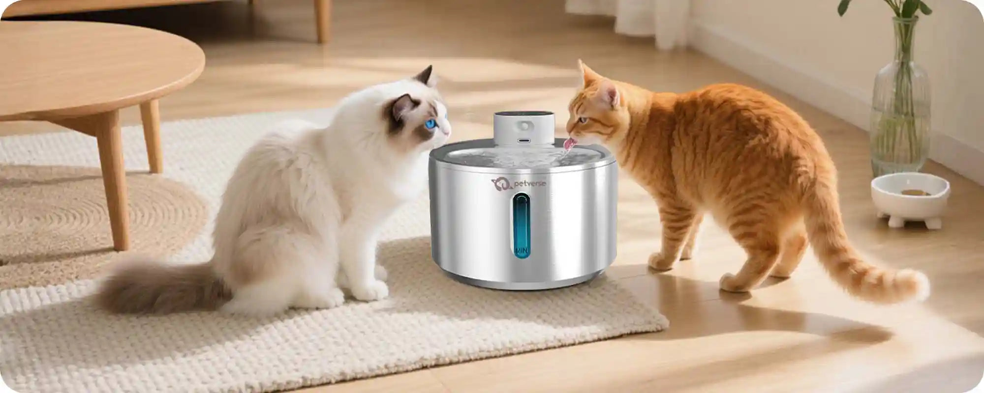 Two cats drinking from a stainless steel Petverse pet water fountain on a living room floor.