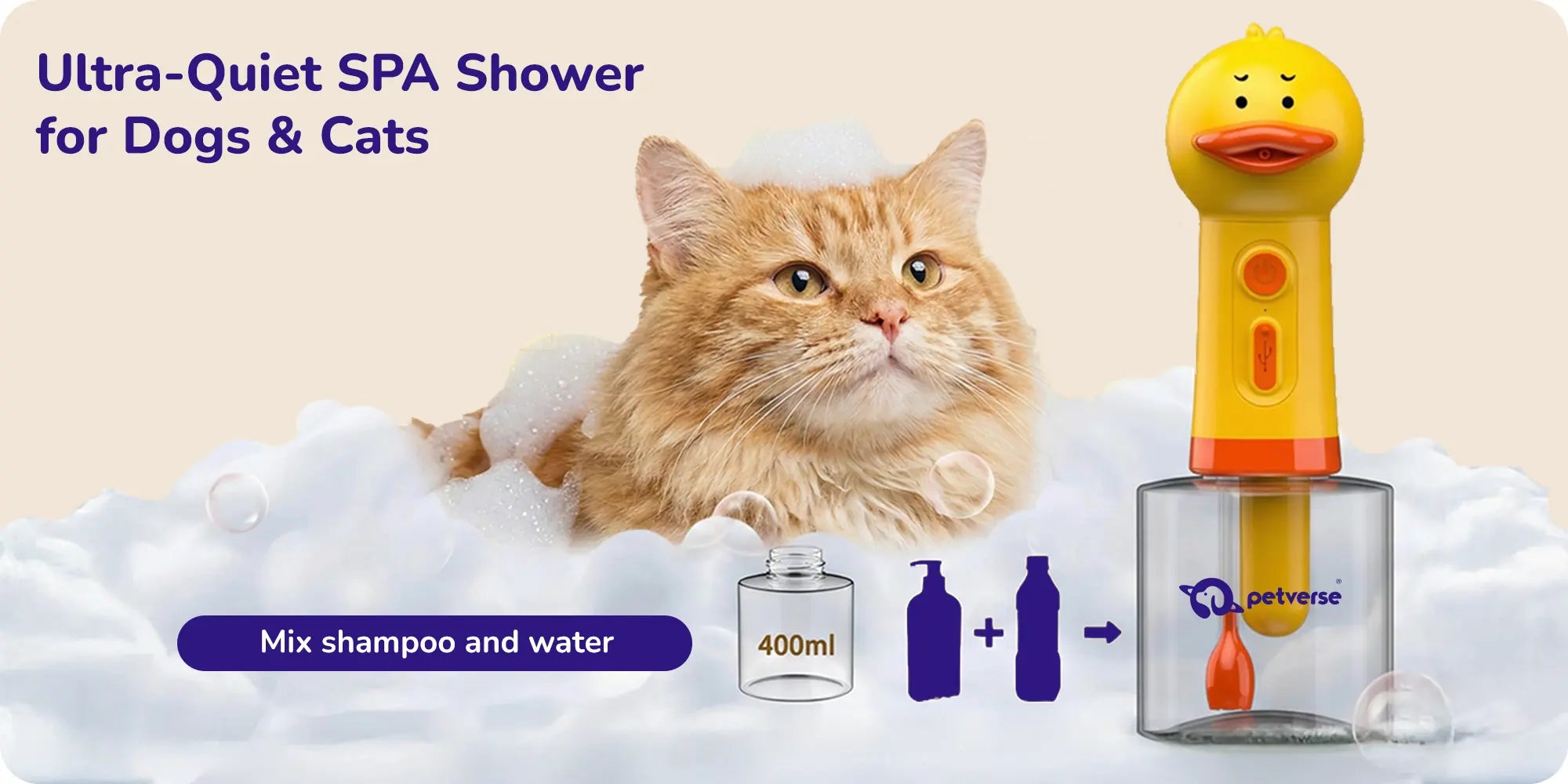 Ultra-quiet pet shower with foam, showing a cat and a duck-head grooming tool with a shampoo mixing guide.