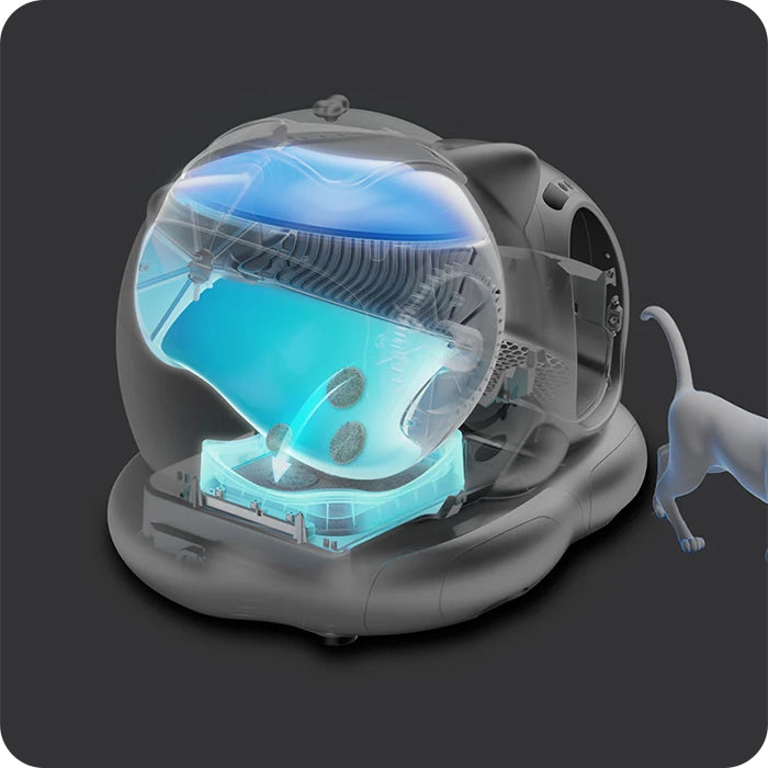 3D cutaway view of a modern cat litter box showing internal mechanisms and compartments with soft blue highlights