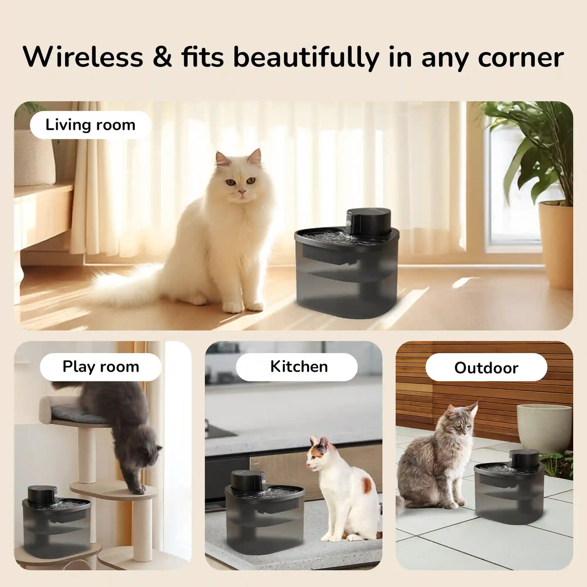 Cats around a wireless pet water fountain shown in living room, playroom, kitchen, and outdoor settings.