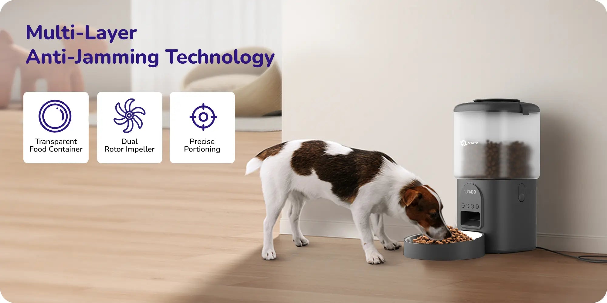 A dog eating from an automatic feeder with icons showing multi‑layer anti‑jamming technology: transparent container, dual rotor impeller, and precise portioning.