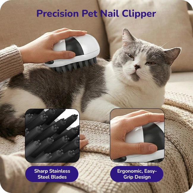 Pet grooming brush with ergonomic grip brushing relaxed cat on couch