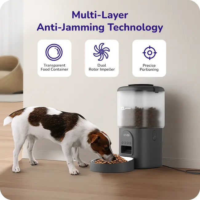 Dog eating from an automatic feeder with icons for multi‑layer anti‑jamming technology
