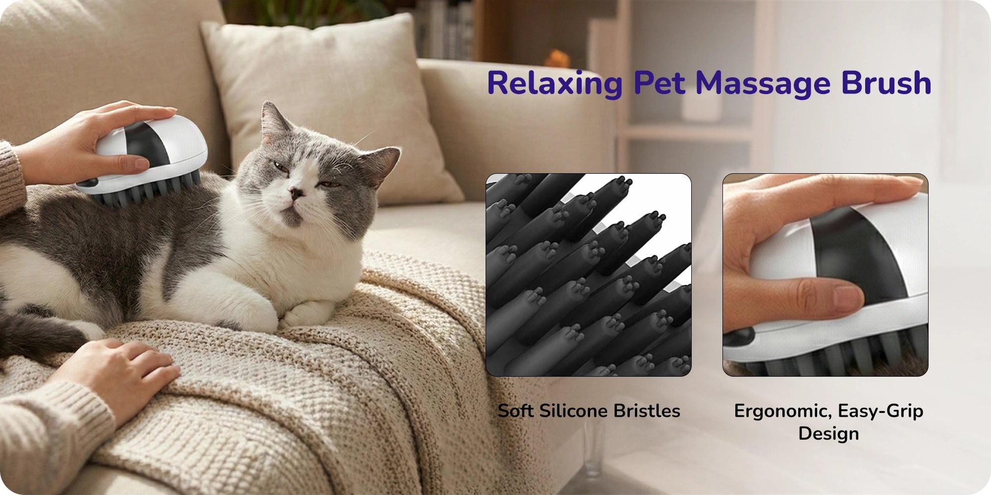 Hand using ergonomic massage pet brush with soft silicone bristles on relaxed cat’s back.