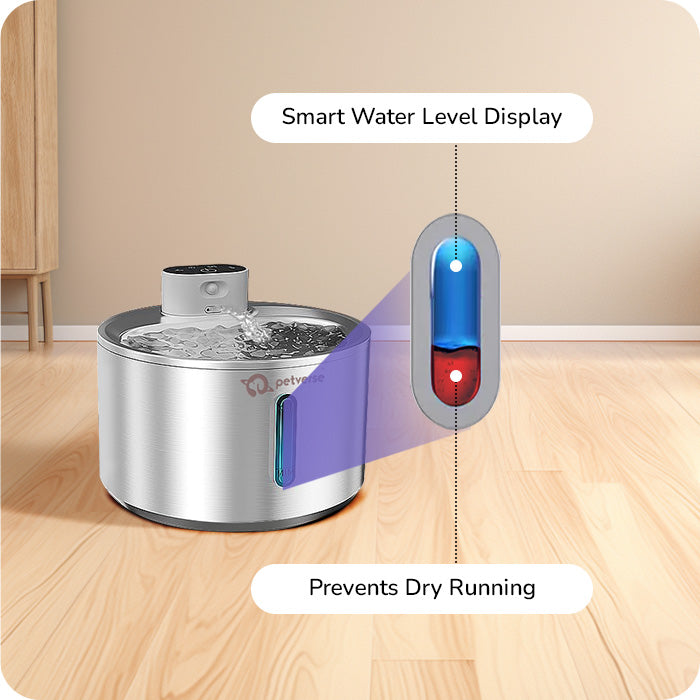 Pet water fountain with smart water level display and dry running prevention feature.