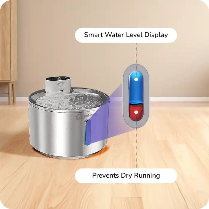 Pet water fountain with smart water level display and dry running prevention feature.