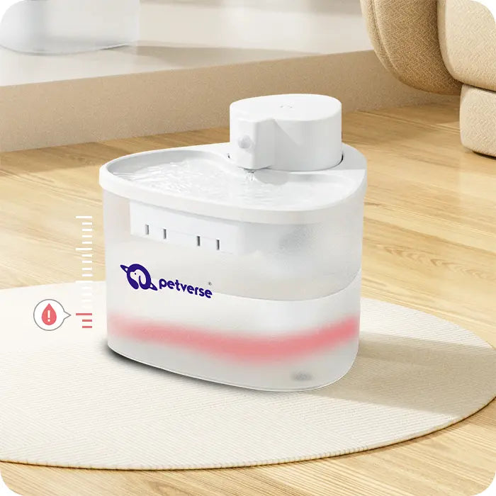White Petverse automatic water fountain on a light rug with a red water level indicator graphic.