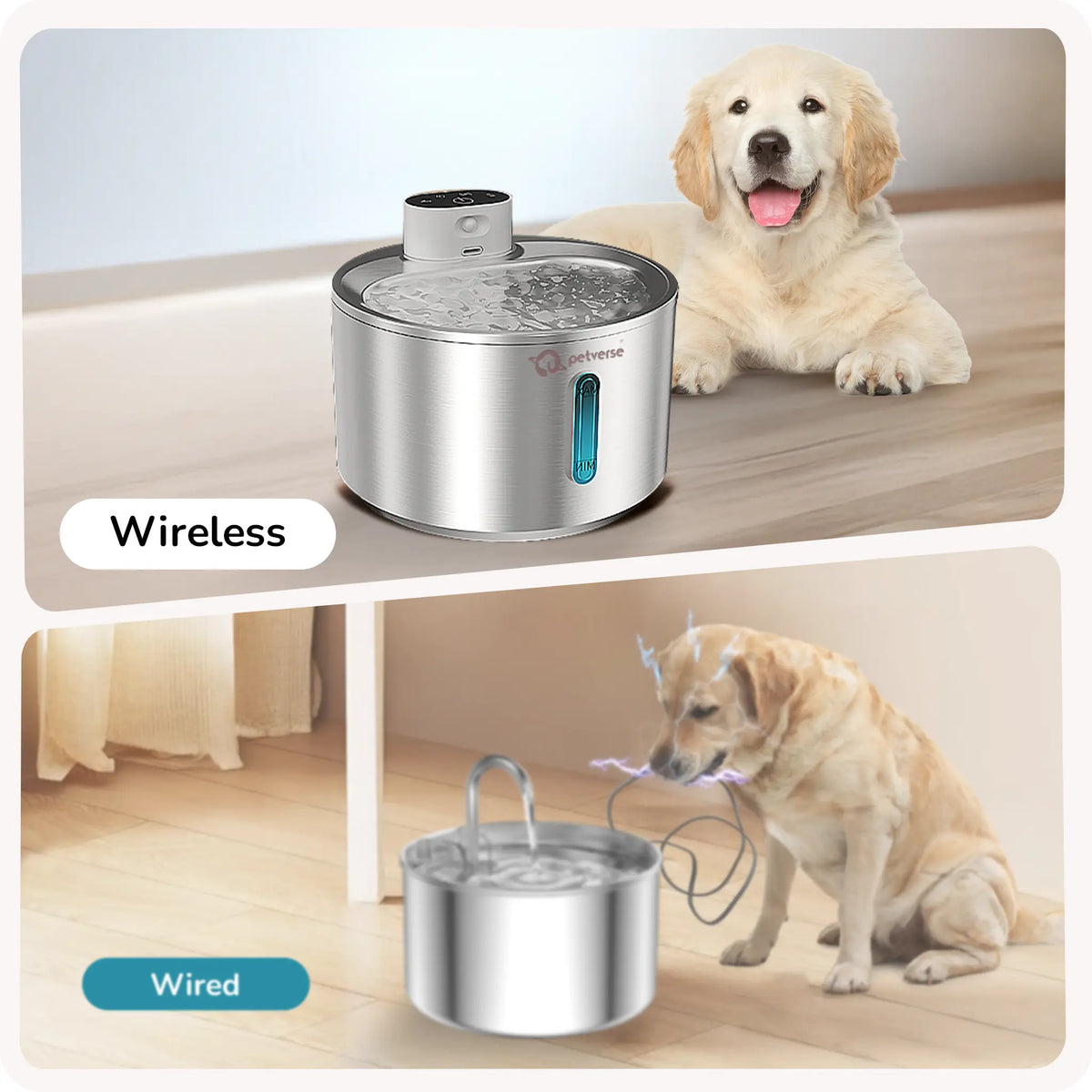 Two images of a pet water fountain with dogs interacting, labeled 'Wireless' and 'Wired'.