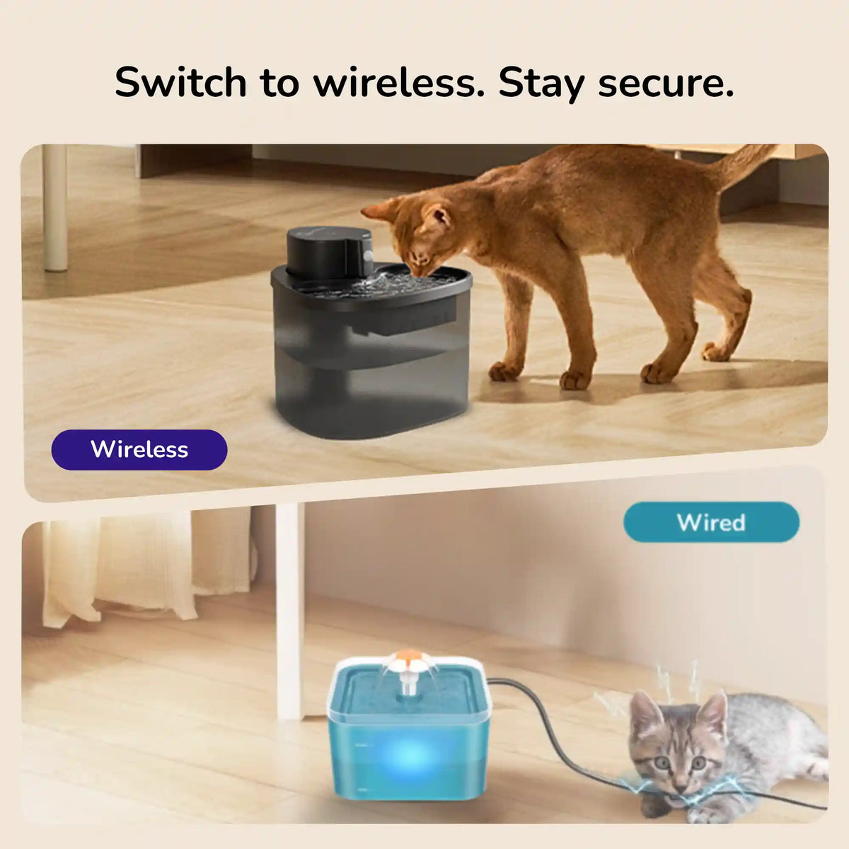 Wireless cat water fountain with contrasting wired version