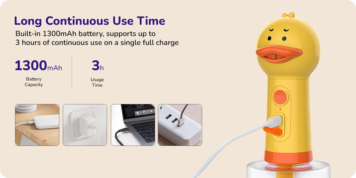 Yellow duck‑shaped pet bubble spray with 1300 mAh battery showing up to 3 h continuous use and USB charging options