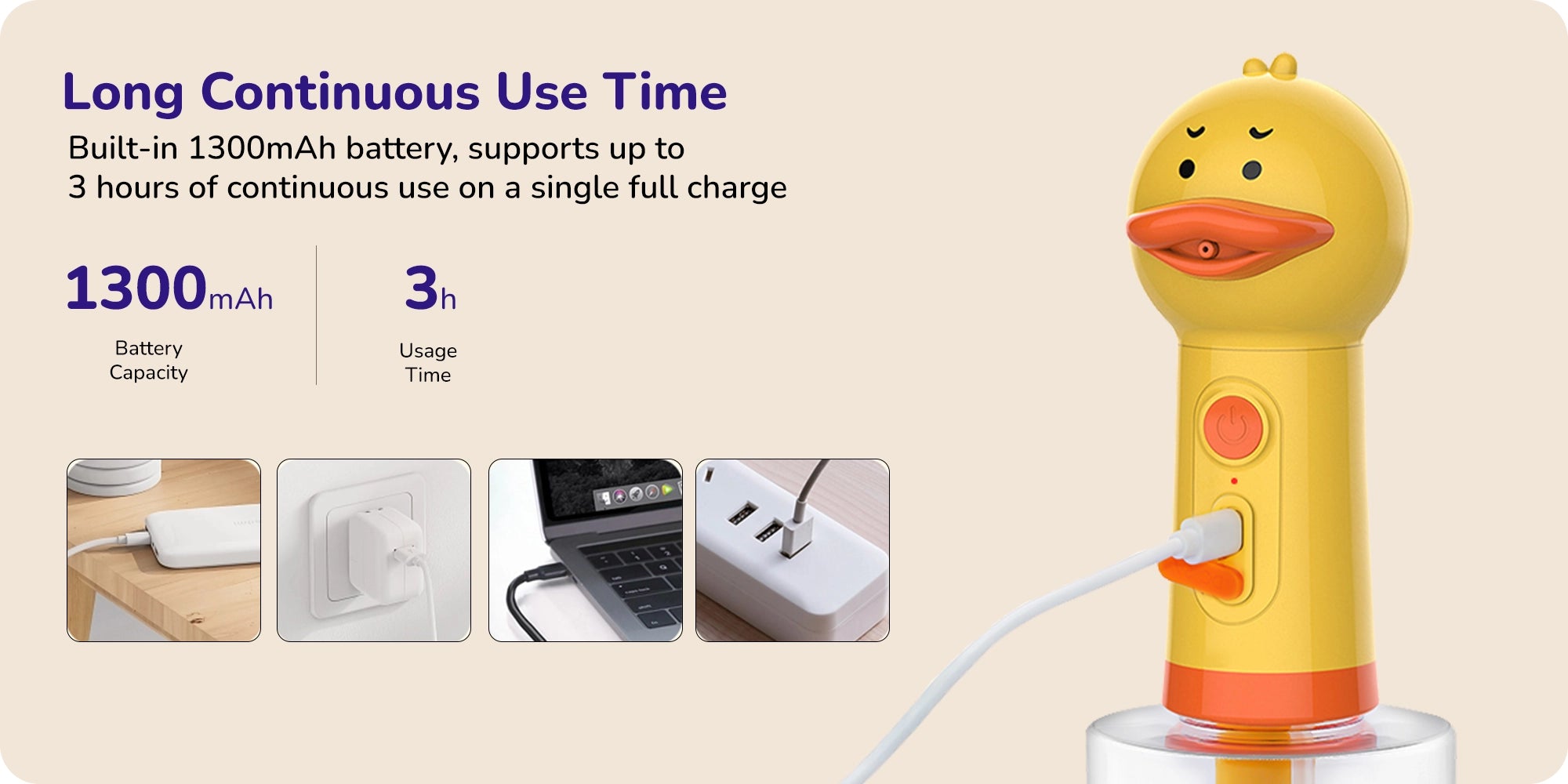 Yellow duck‑shaped pet bubble spray with 1300 mAh battery showing up to 3 h continuous use and USB charging options