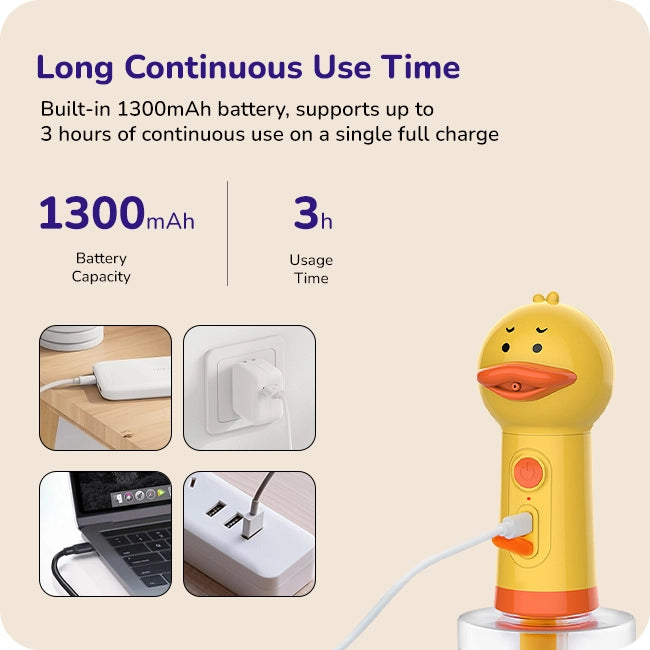 Yellow duck‑shaped pet bubble spray with 1300 mAh battery showing up to 3 h of continuous use and USB charging options