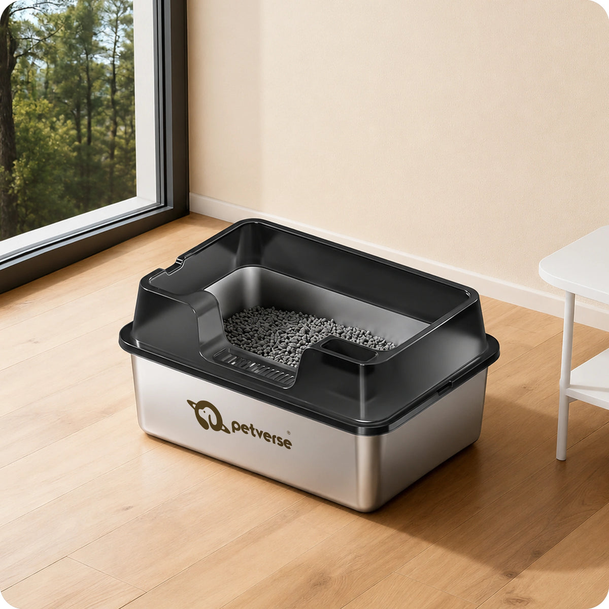 Stainless steel cat litter box closed view
