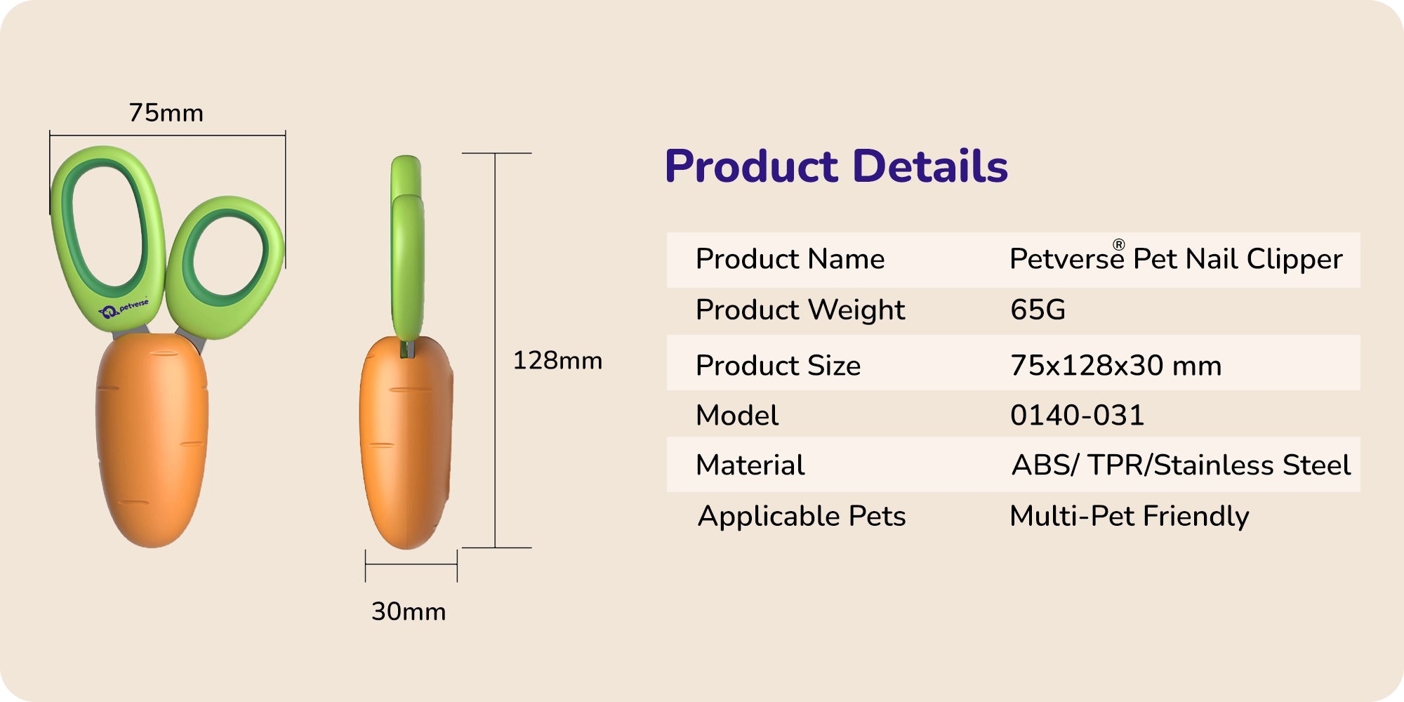 Petverse pet nail clippers with size dimensions and product detail