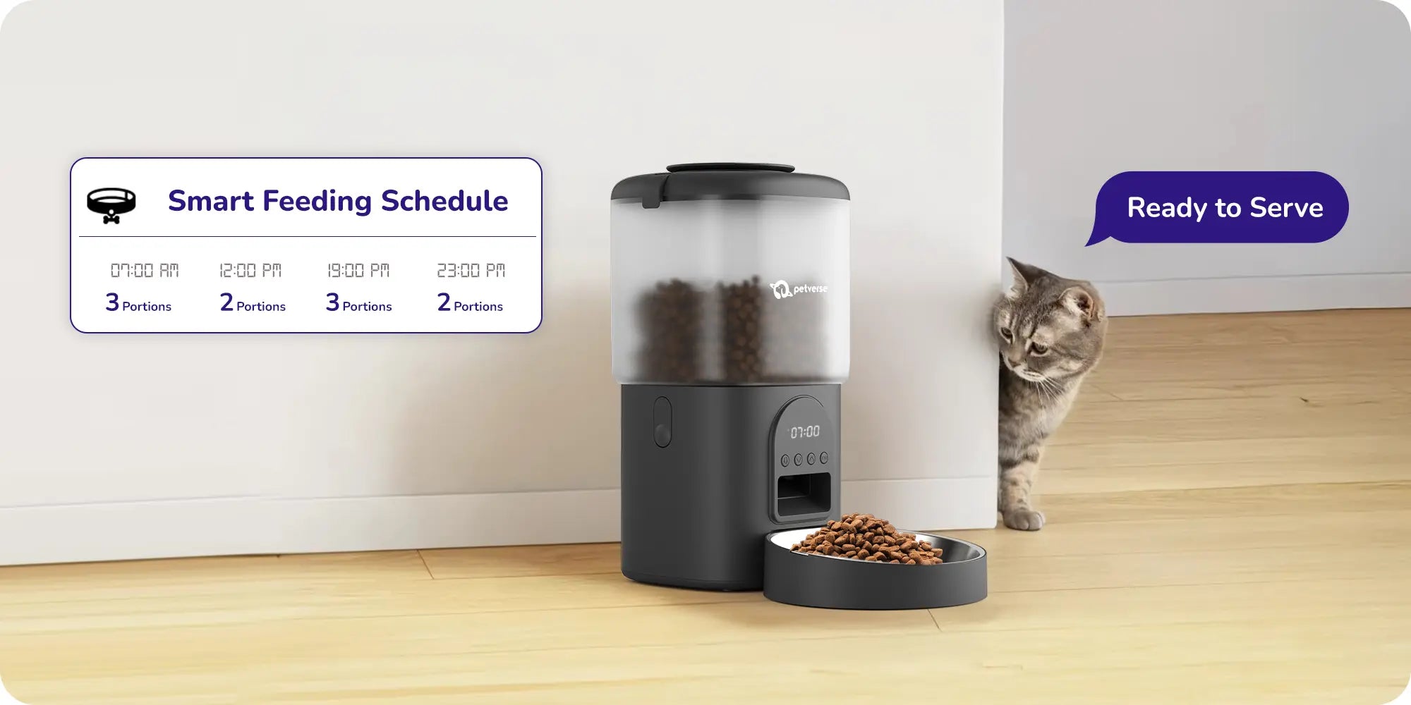 Automatic pet feeder with a smart feeding schedule graphic and a cat beside it.