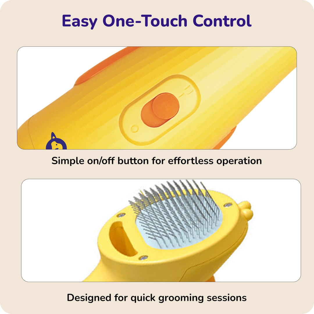 Yellow pet grooming brush with one‑touch button on beige background
