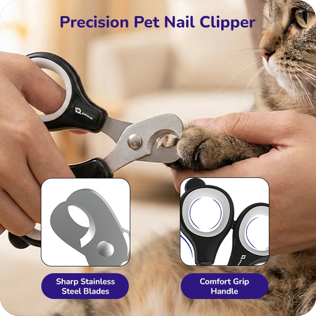 Precision pet nail clipper with sharp stainless steel blades and comfort grip handle clipping cat nails