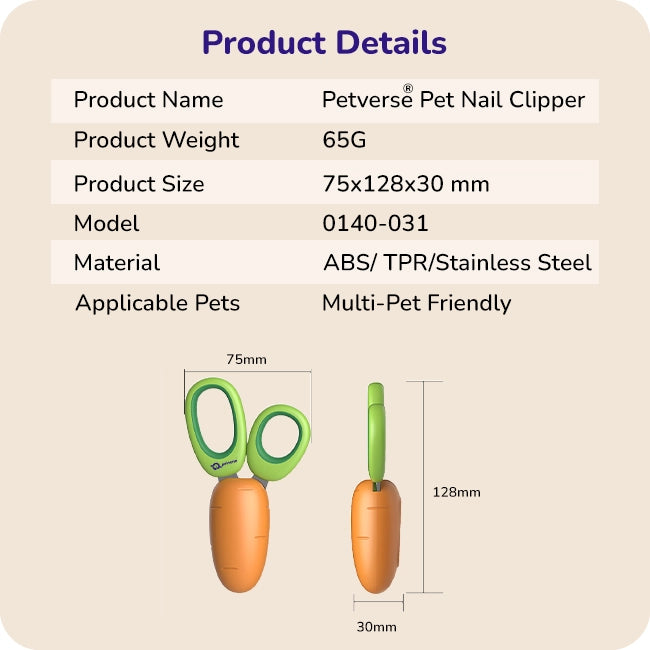 Petverse pet nail clippers with size dimensions and product details
