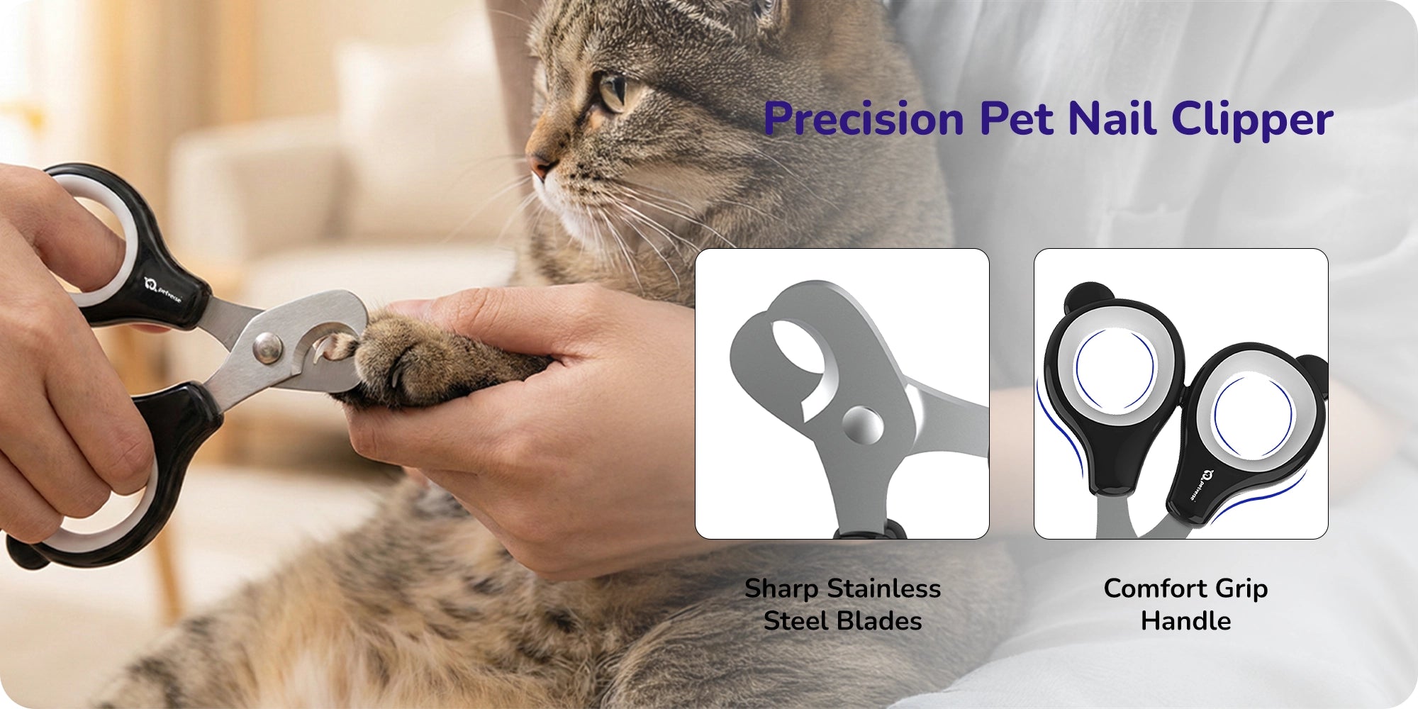 Hands trimming a cat’s nails with precision pet nail clippers showing sharp blades and a comfort grip.