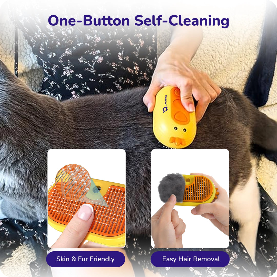 One‑button self‑cleaning pet slicker brush removing fur from grey cat with easy hair removal and skin‑friendly bristles