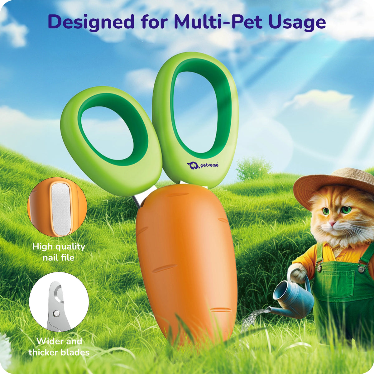Green pet nail clippers with carrot‑shaped grip on grassy outdoor background with a cat