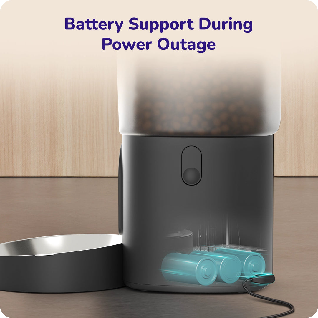 Automatic pet feeder battery backup ensuring feeding during power outage