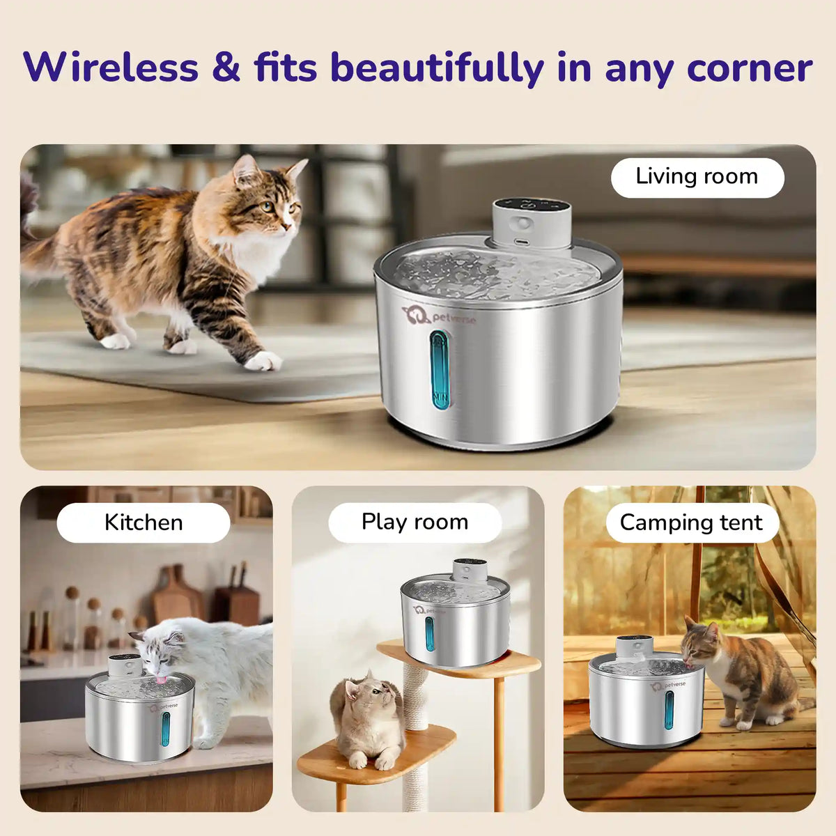 Pet water fountain with cat drinking and placements in the living room, kitchen, playroom, and camping.