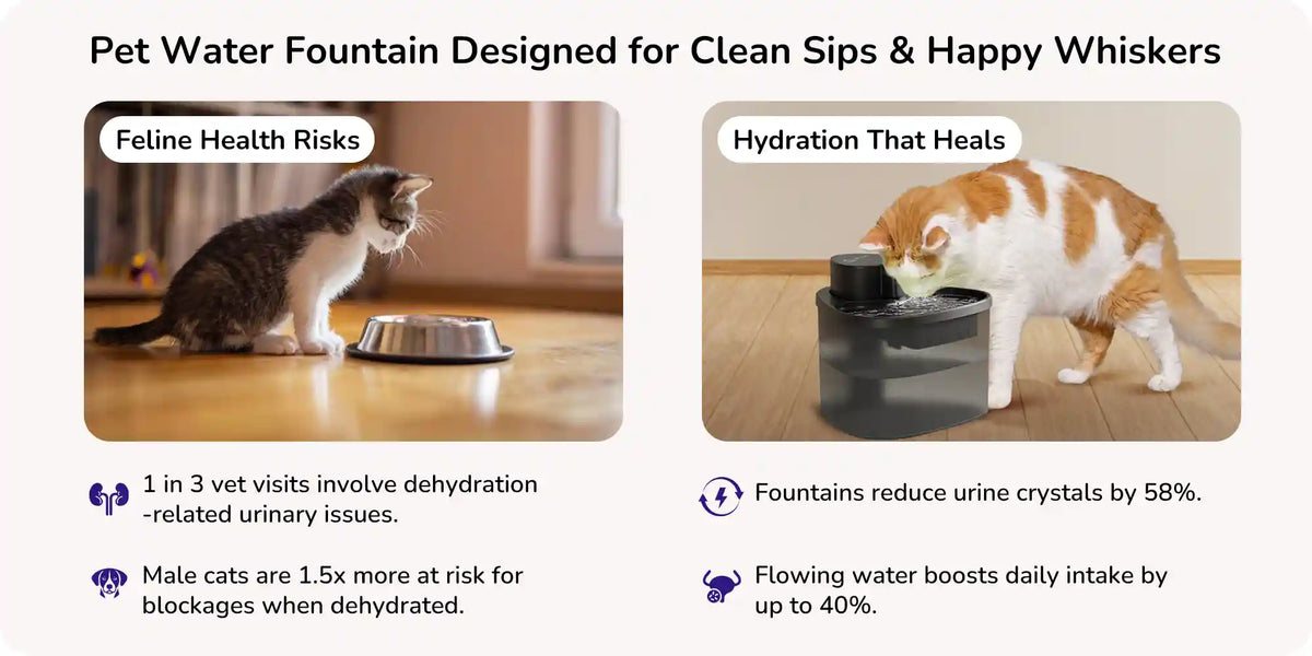 Cat at water bowl vs cat drinking from flowing water fountain with health benefit stats