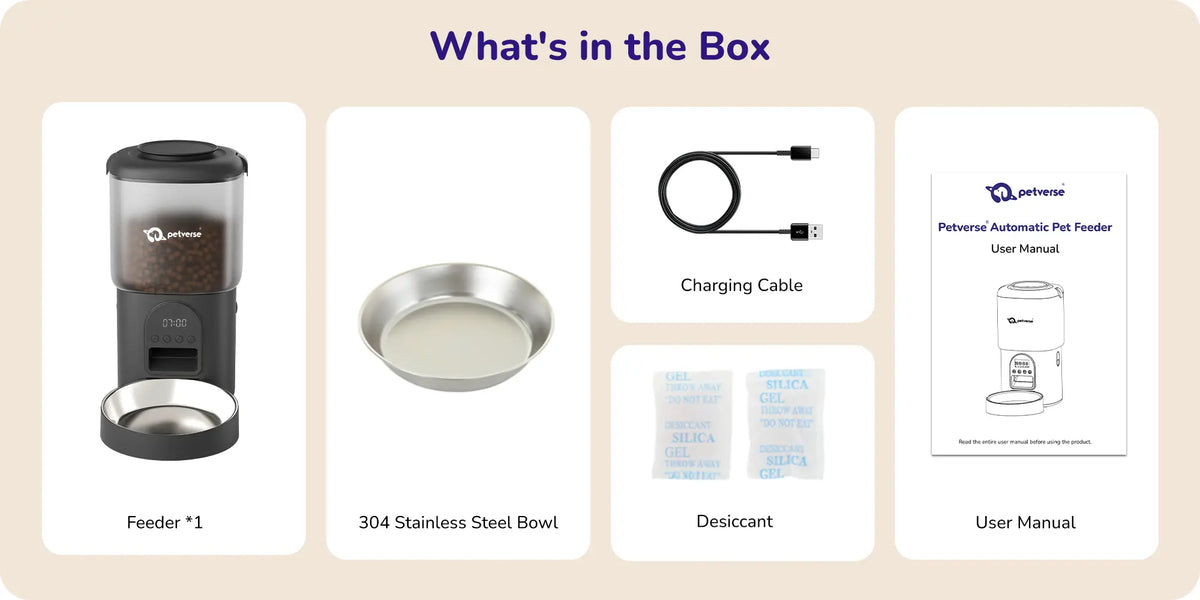 layout showing an automatic pet feeder, stainless steel bowl, charging cable, desiccant packets, and user manual.