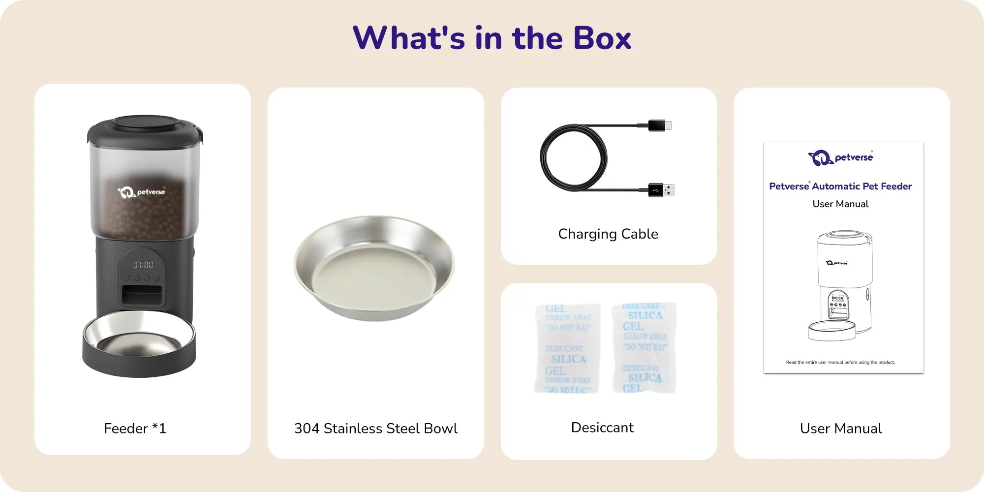 layout showing an automatic pet feeder, stainless steel bowl, charging cable, desiccant packets, and user manual.
