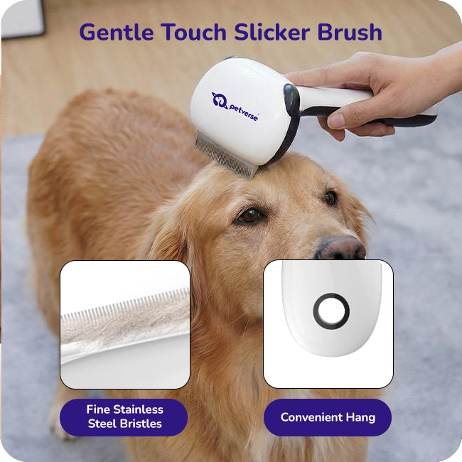 Gentle Touch slicker brush grooming a dog with fine stainless steel bristles and hang hole