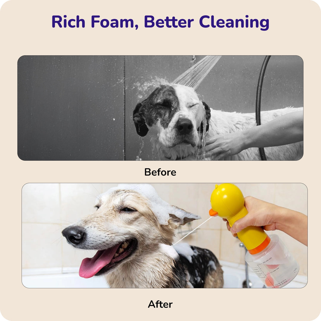 Before and after pet bath, showing happy dog being rinsed and rich foam from duck-shaped grooming foamer for better cleaning