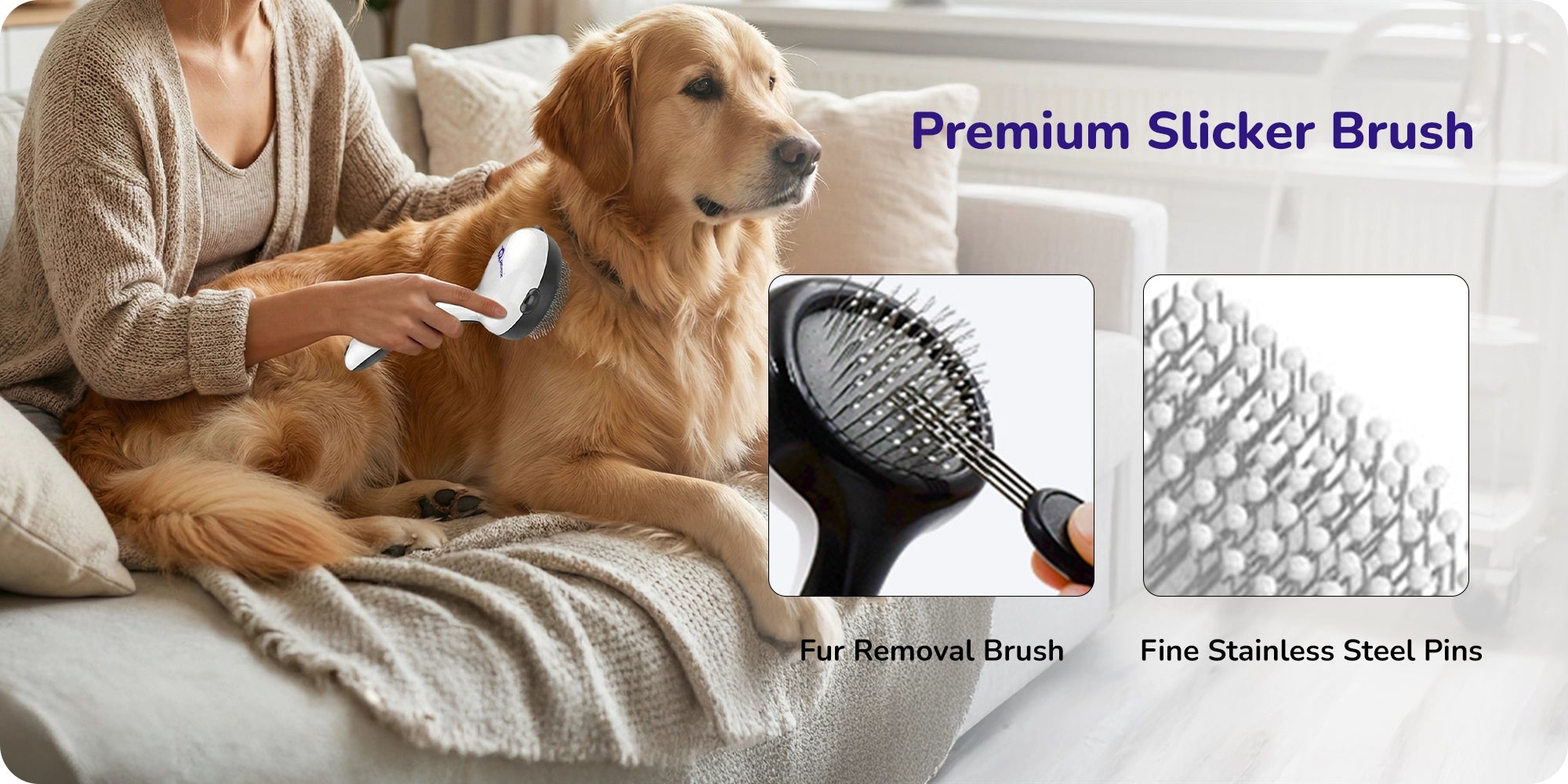 Assorted pet grooming tools, including slickers, combs, and nail clippers, on a light background.