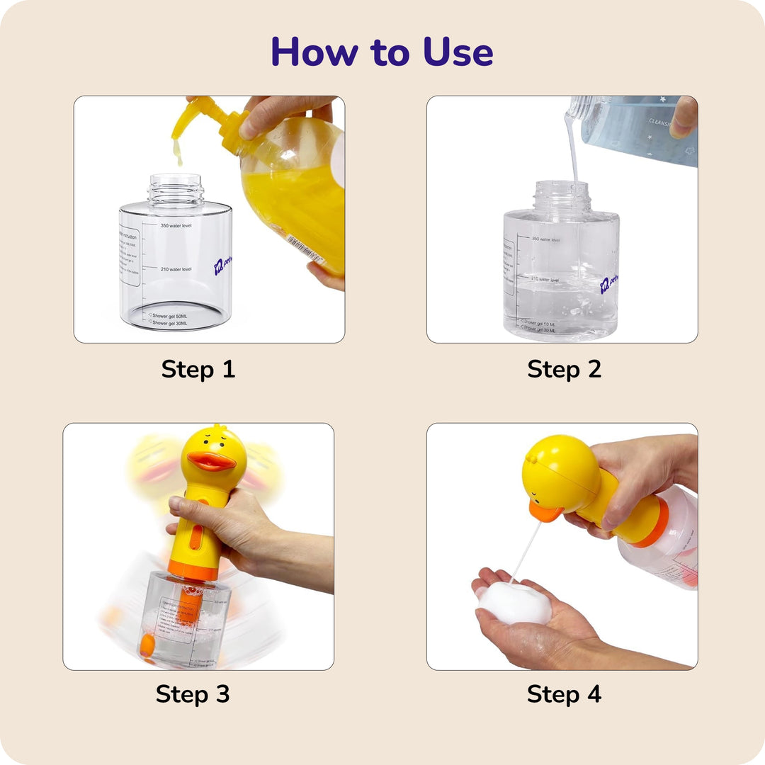 Step-by-step use of duck-shaped pet grooming foamer showing filling, adding water, foaming and dispensing foam