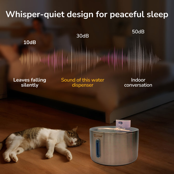 Cat water dispenser with whisper-quiet design for peaceful sleep.