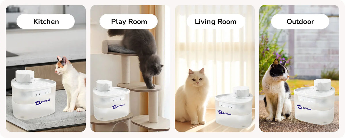 Four images showing cats next to a white Petverse water fountain labeled for use in a kitchen, playroom, living room, and outdoor patio.
