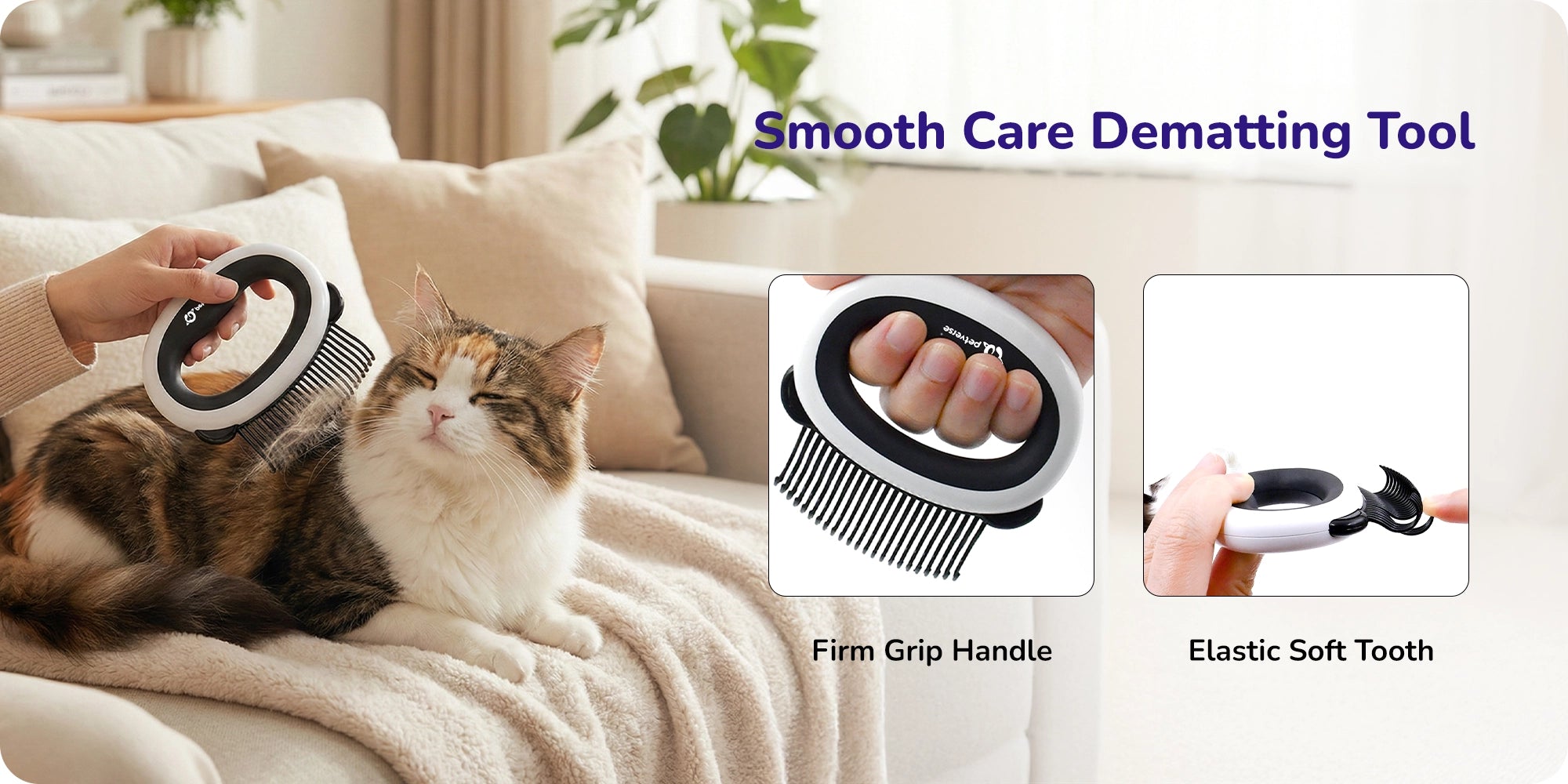 Hand using smooth‑care dematting brush on relaxed cat’s fur with firm grip handle.